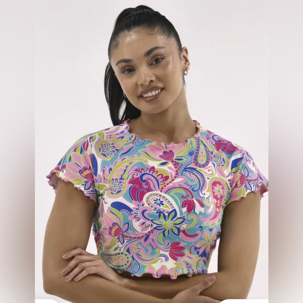 No Boundaries Vibrant Paisley Crop Top , Lettuce Edge Swim Top! Size‎ M. NWT!